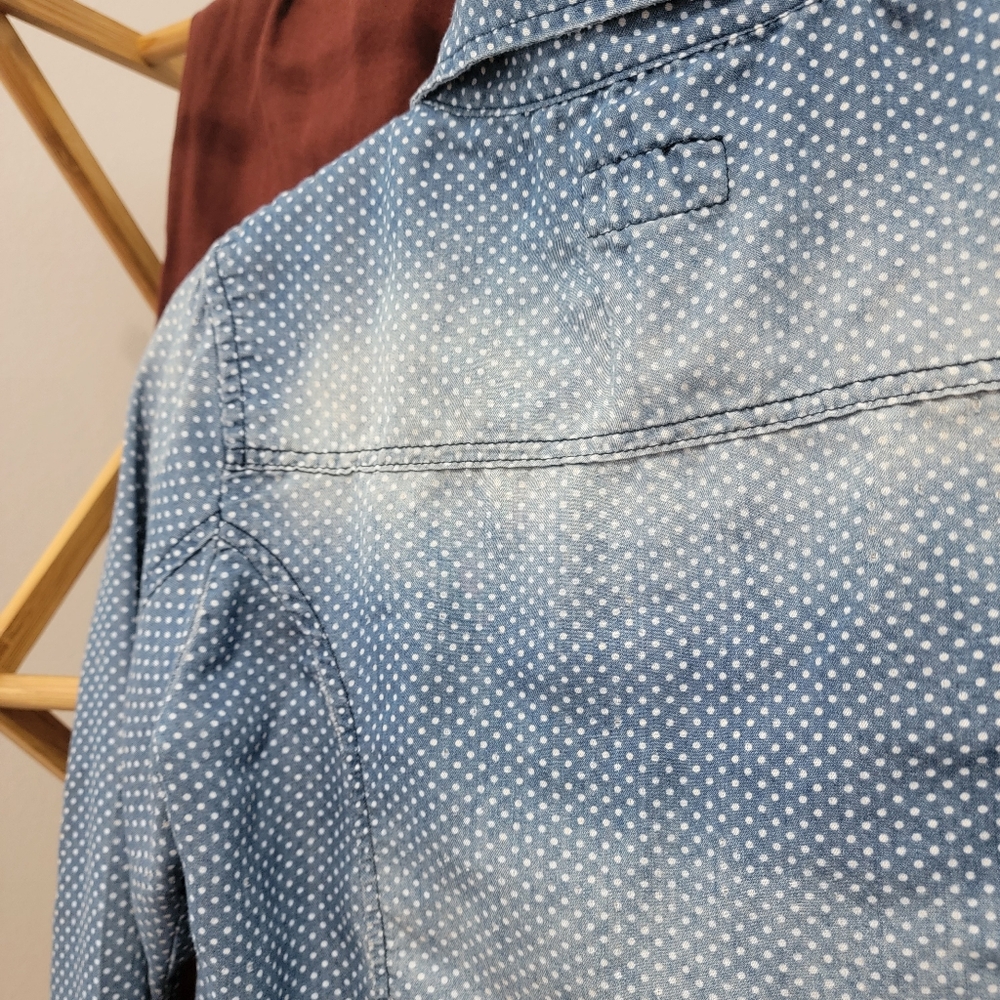 Distressed Preppy Polka Dot Denim Button-up Shirt - Picture 5 of 7